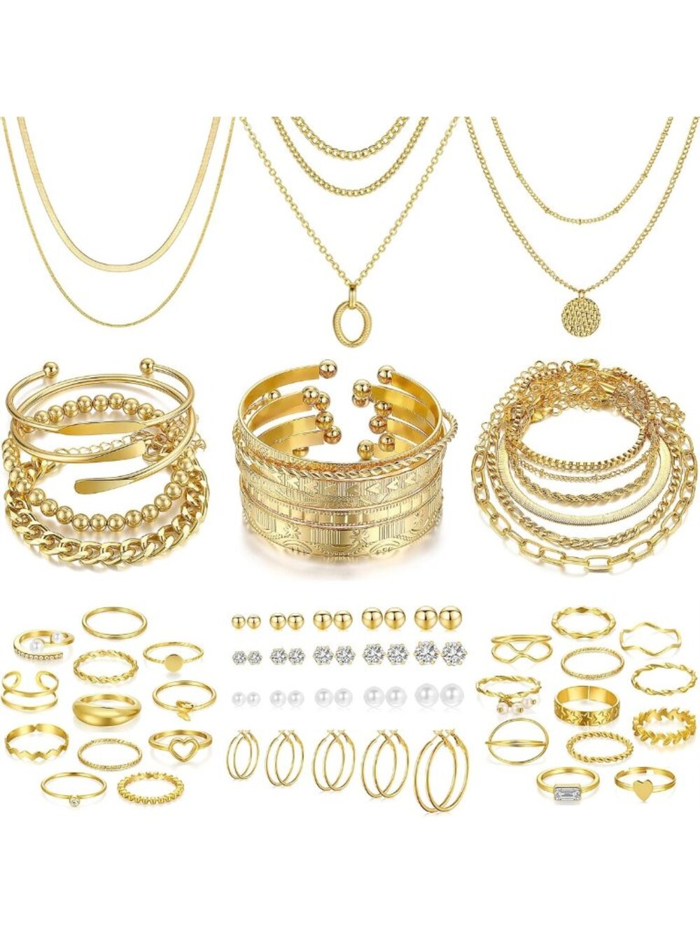 68 Pcs Elegant Gold Jewelry Set for Women - Necklaces, Bracelets, Earrings